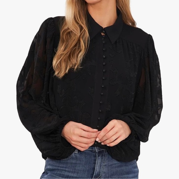 CeCe Tops - CeCe 3/4 Sleeve Blouse with Collar, Black Size Small